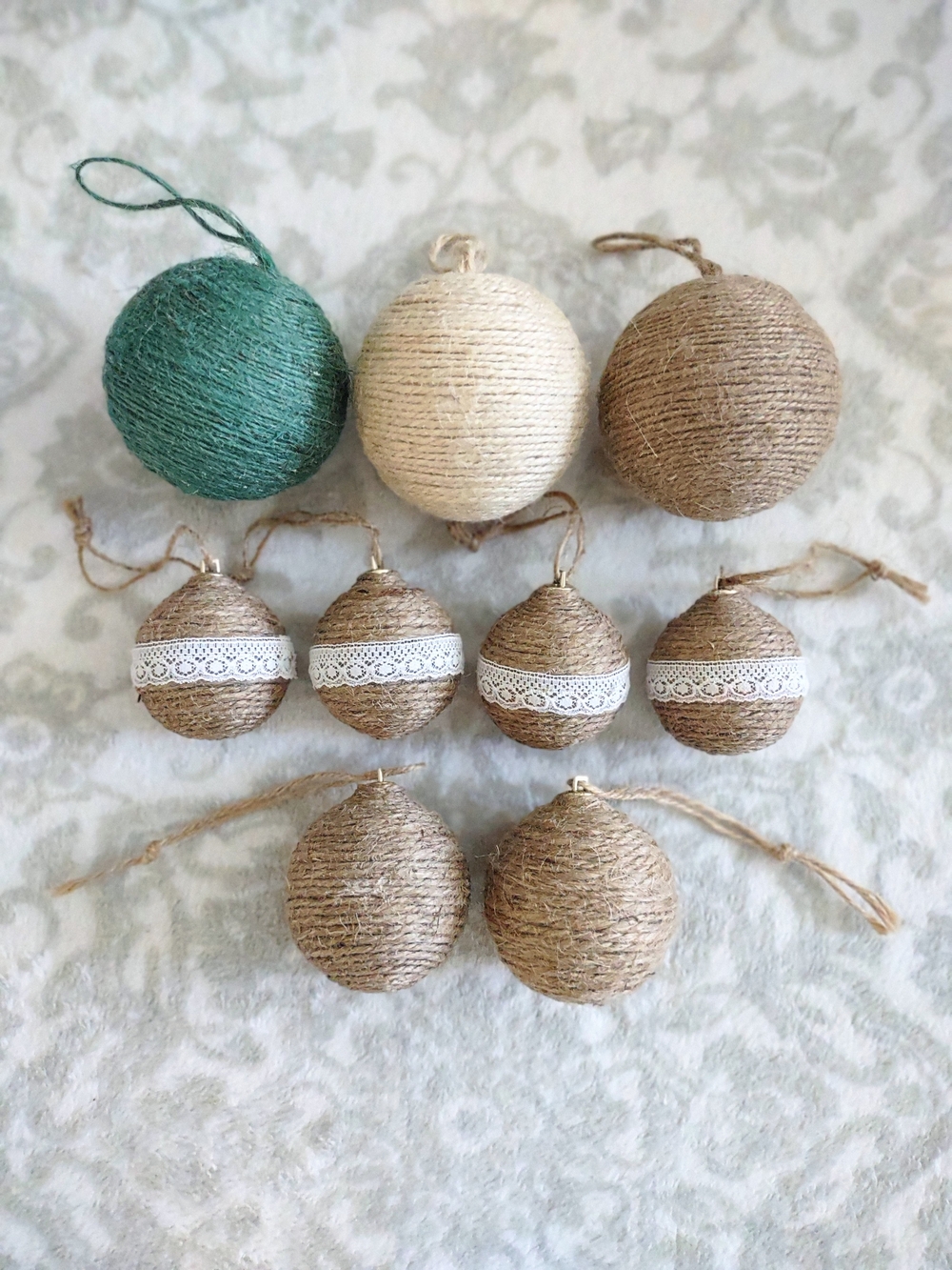 Set of 9 Rustic Jute Rope Christmas Ornaments